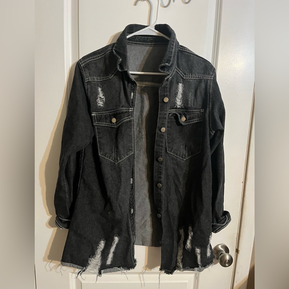 Distressed Black Denim Jacket - Picture 1 of 3